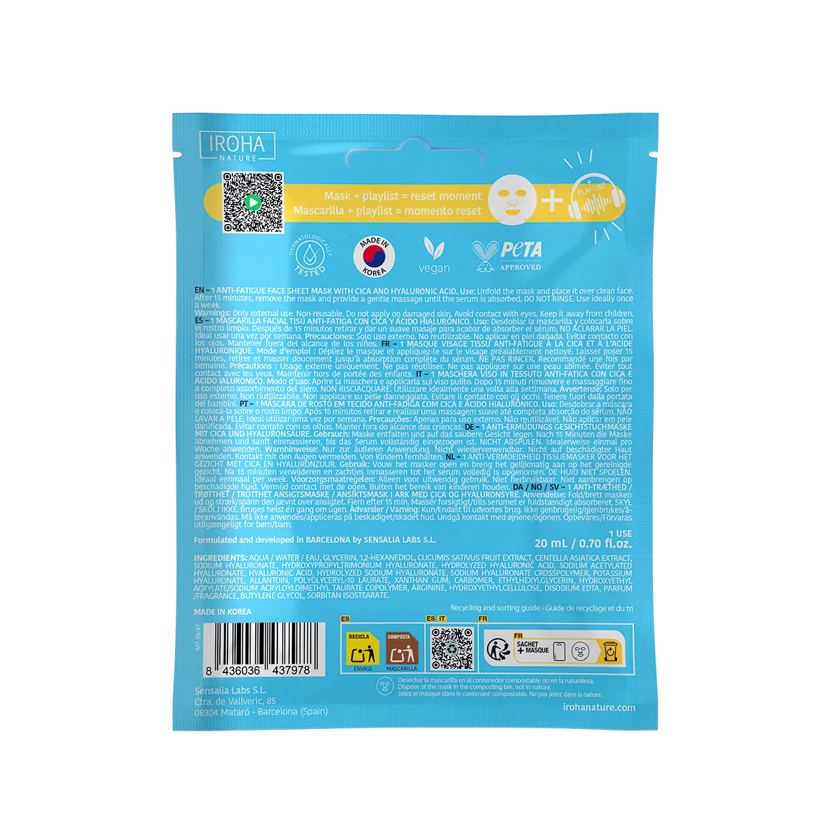 Iroha Nature Jet Lag Recovery maschera viso CICA monodose lenitiva