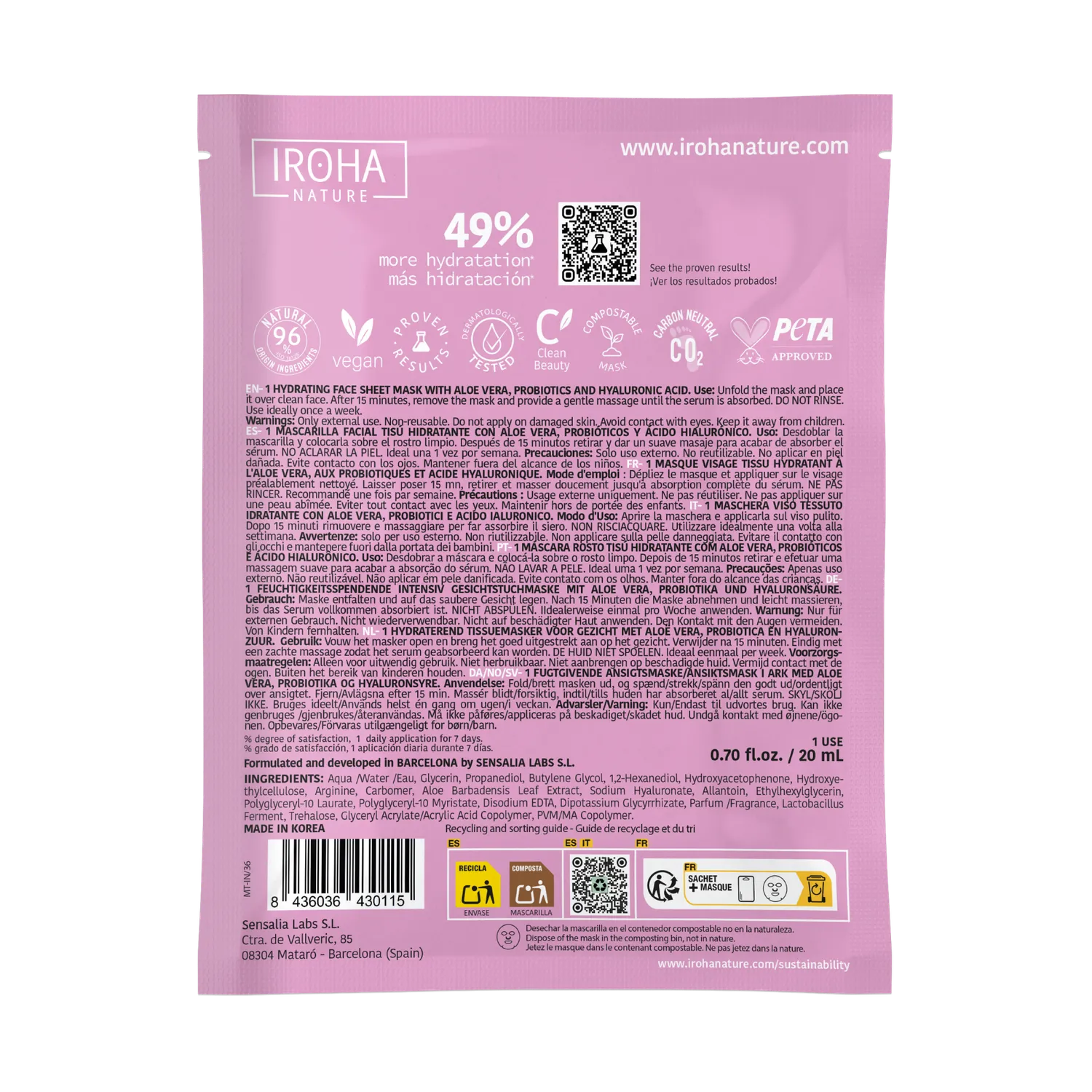 Irohanature Hydrating maschera viso aloe vera idratante lenitiva