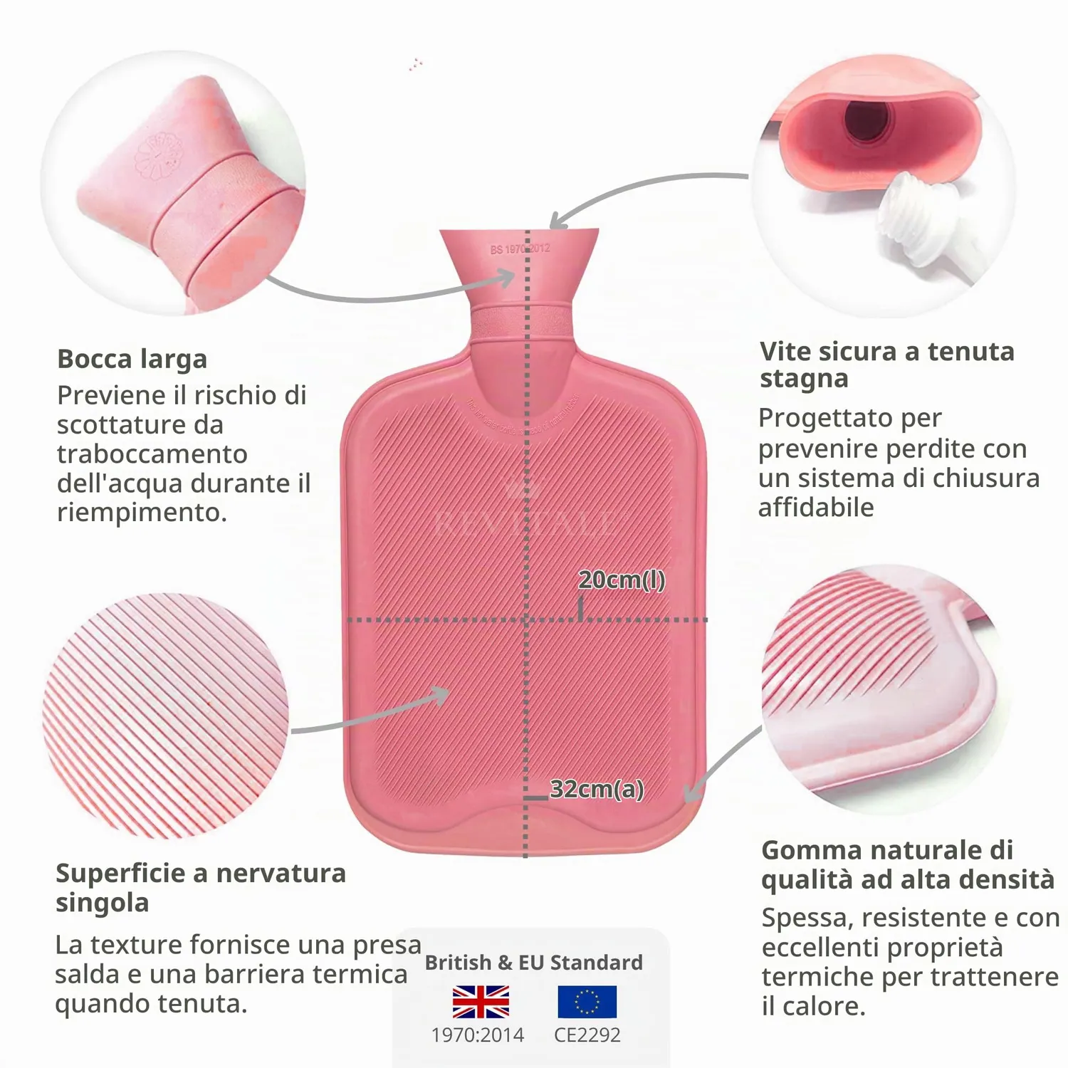 Revitale Borsa Acqua Calda Lusso 2 Litri Rosa Baby Gomma