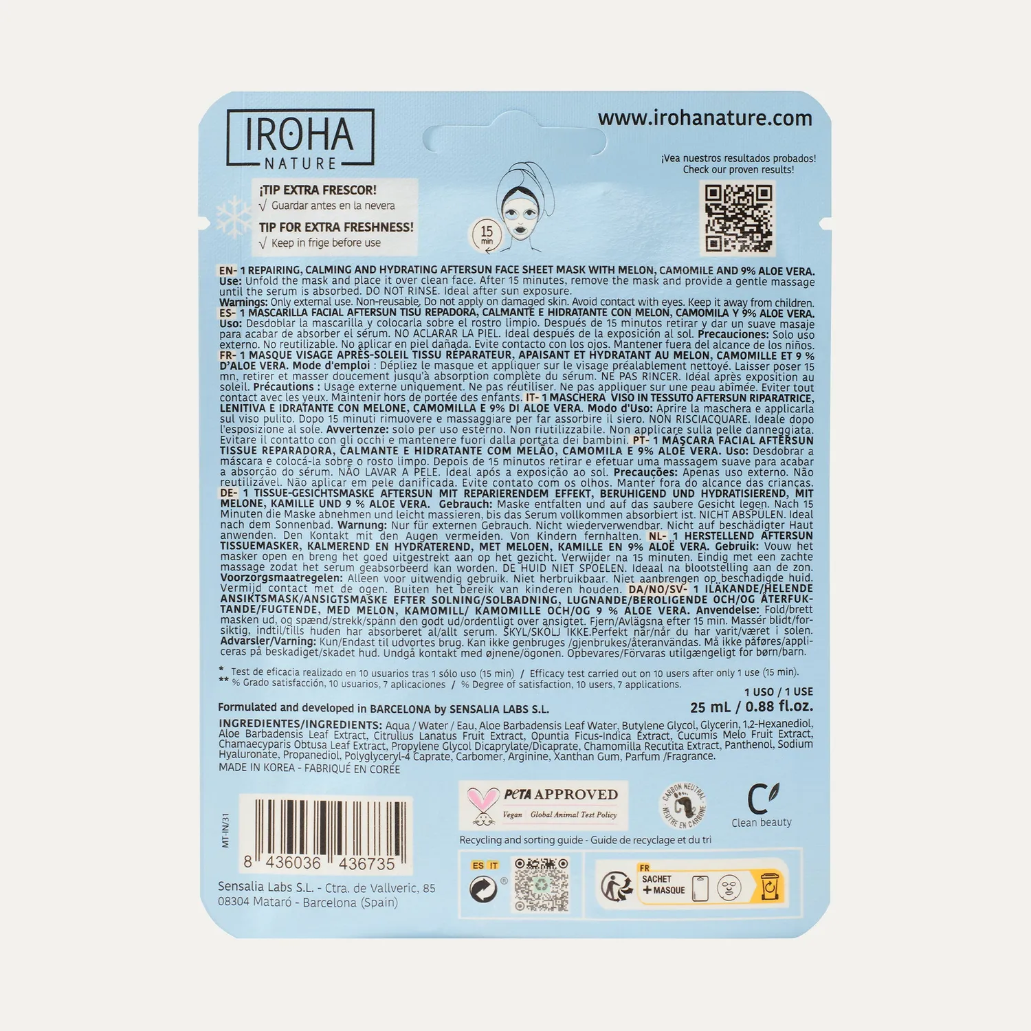 Irohanature Repairing Aftersun maschera viso lenitiva melone