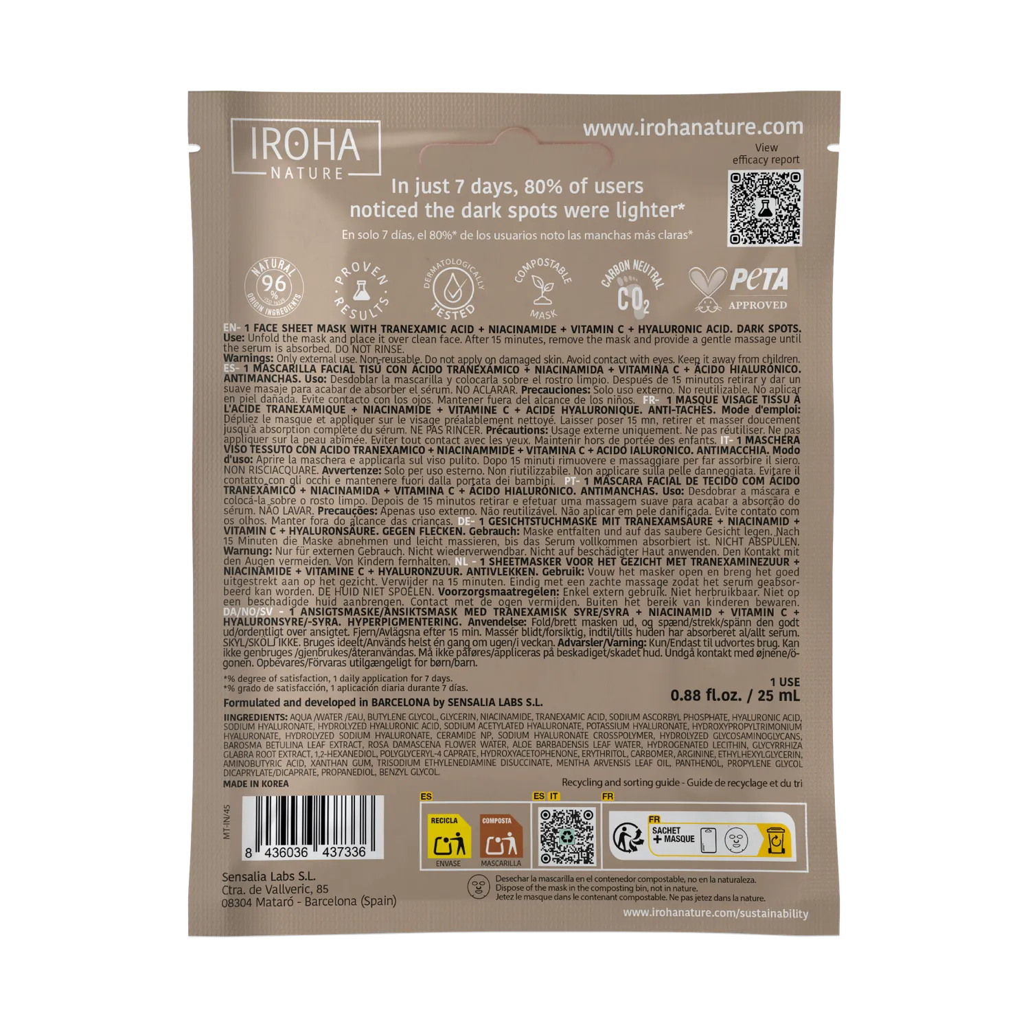 Iroha Nature Dark Spots Mask Tranexamic Acid maschera antimacchia