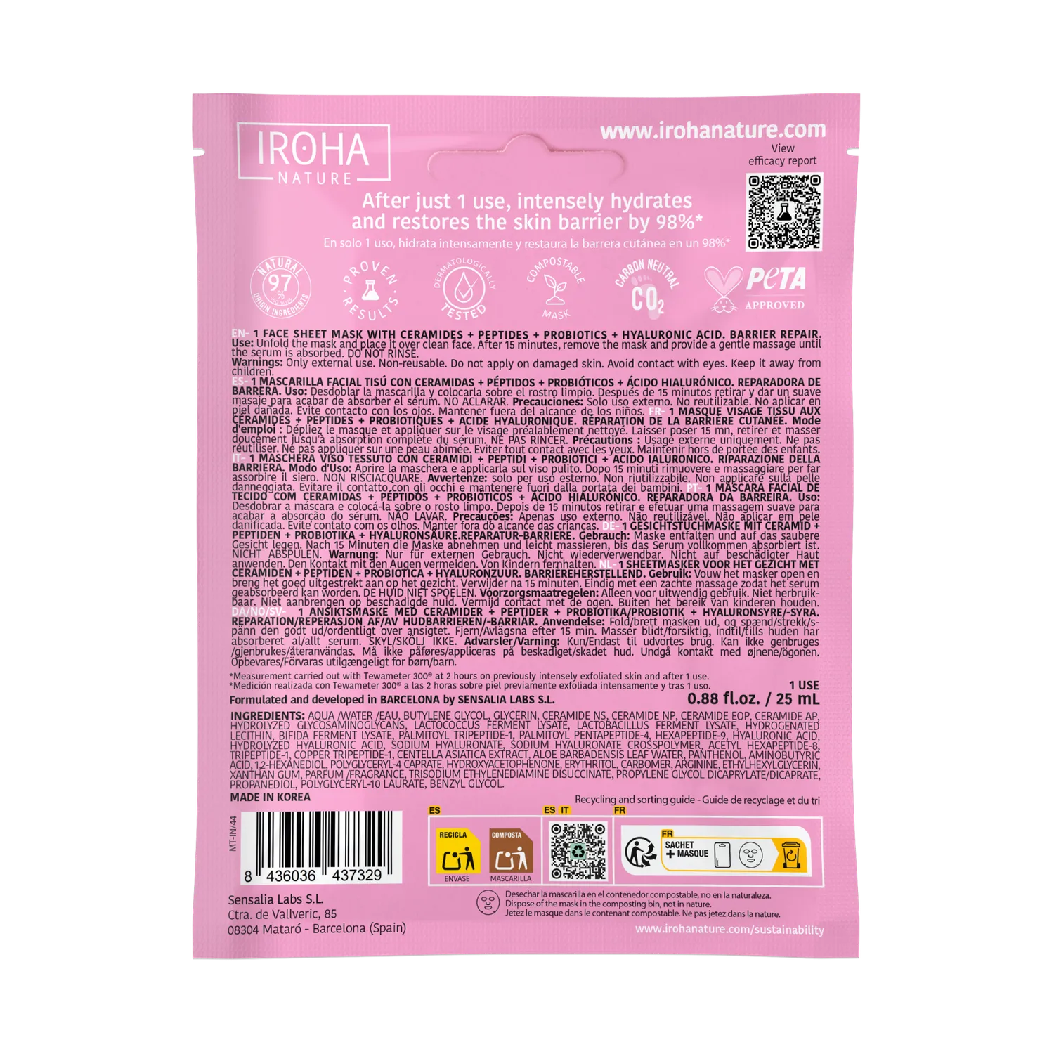 Iroha Nature Barrier Repair maschera viso ceramidi riparatrice