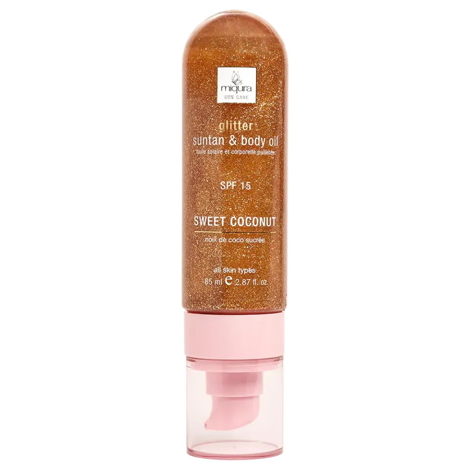 Miqura Glitter Suntan olio corpo Sweet Coconut illuminante
