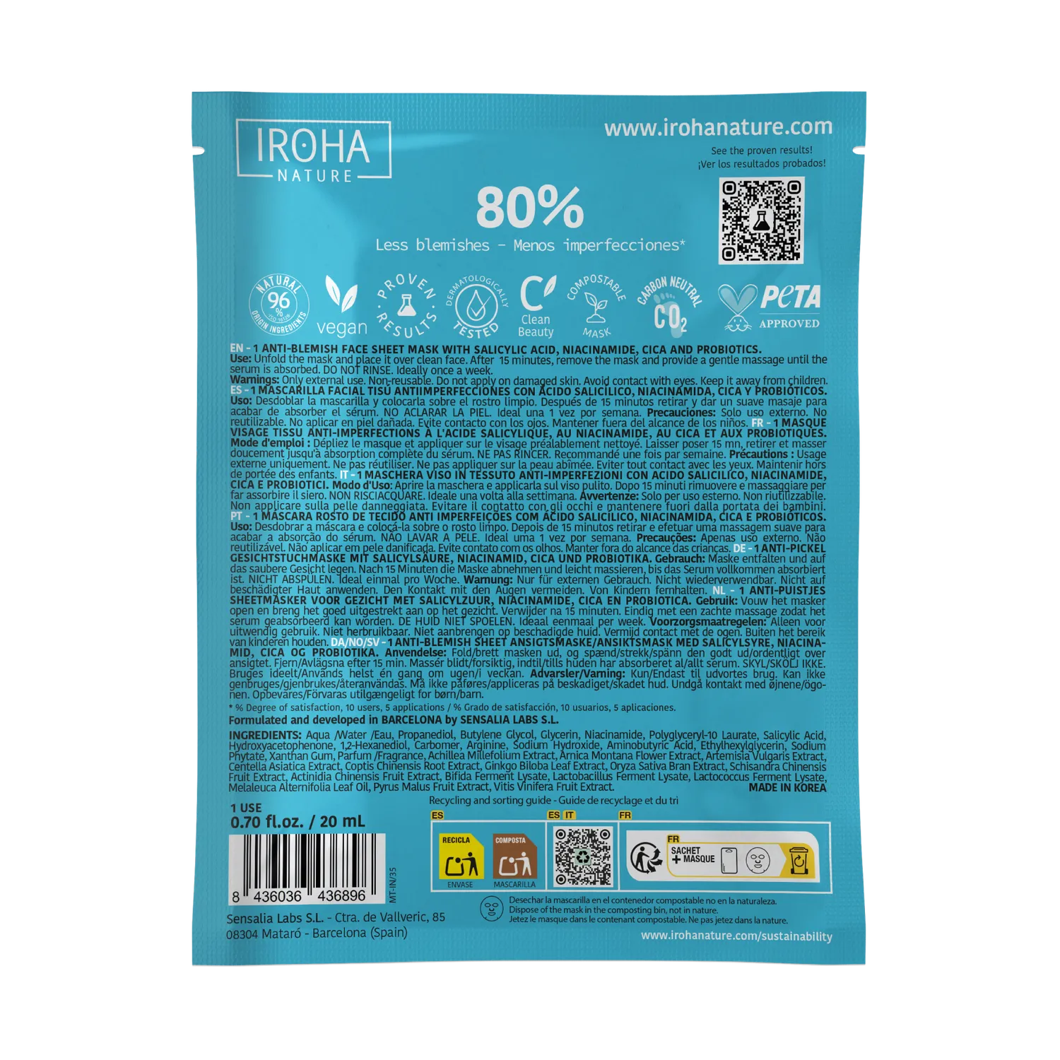 Iroha Nature Anti-Blemish sheet mask viso cica e niacinamide singola