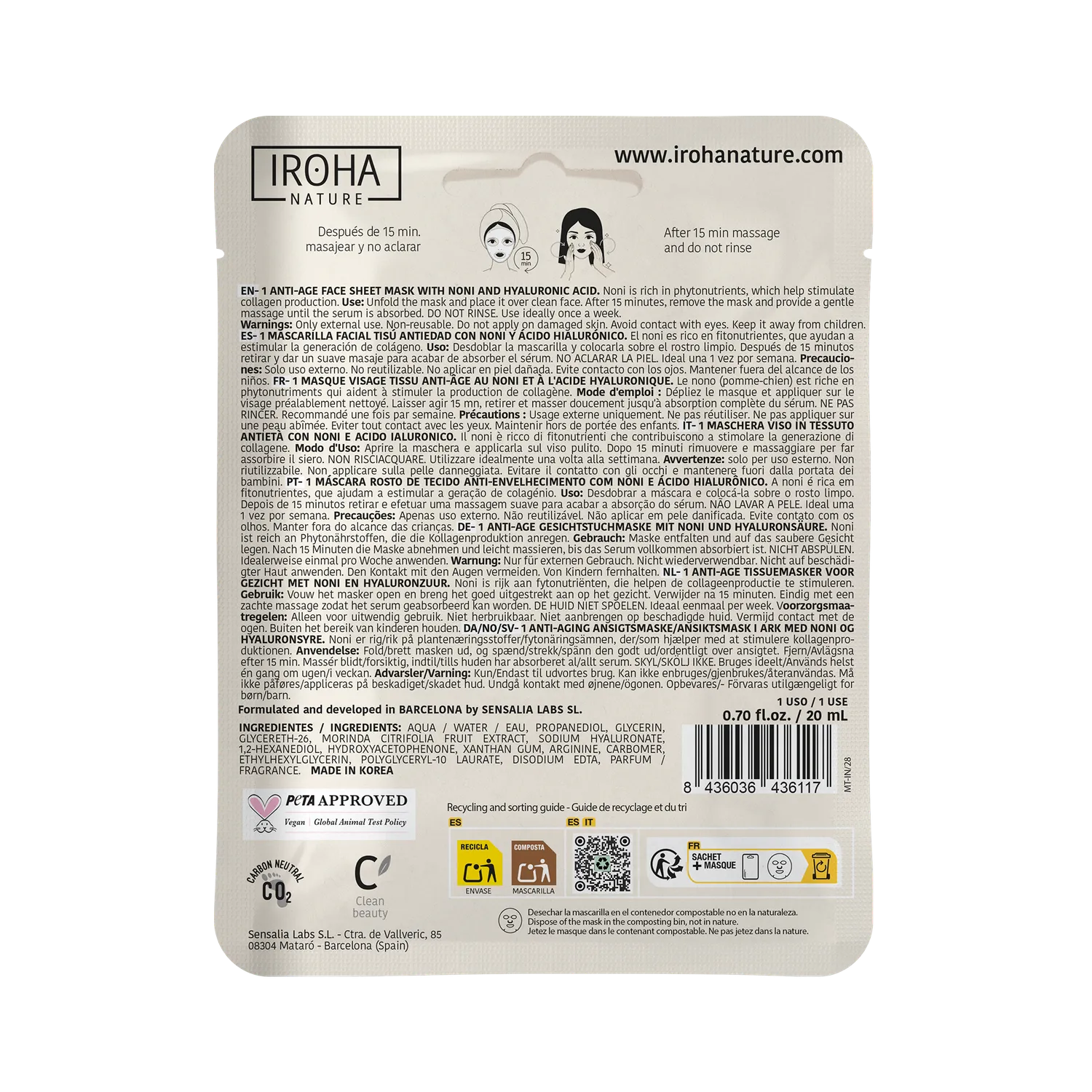Irohanature Anti-Age Noni Maschera Viso Idratante Acido Ialuronico