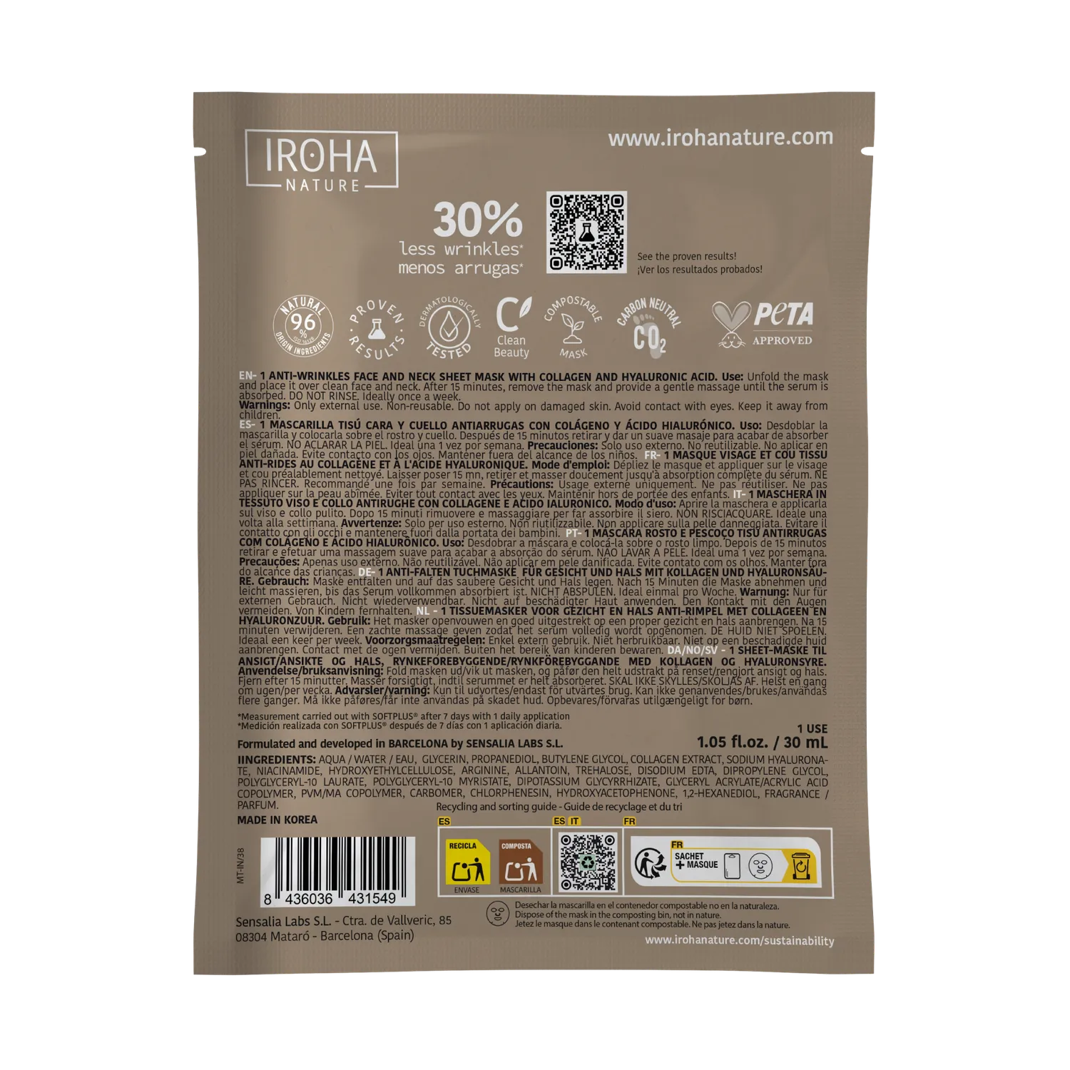 Irohanature Collagene maschera viso antirughe viso collo