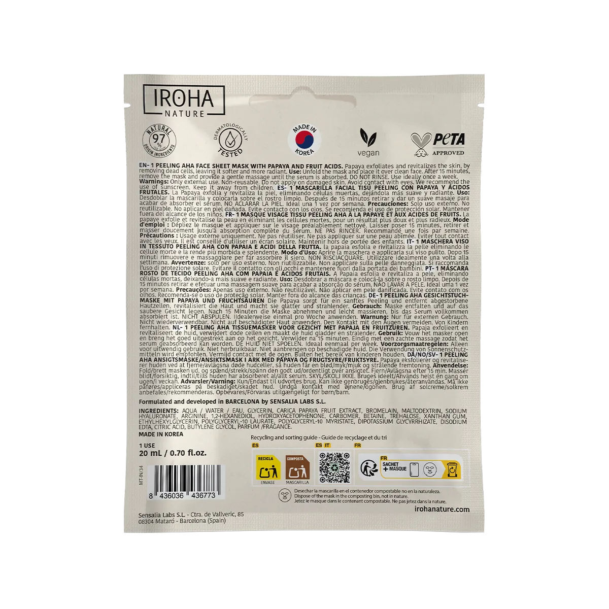 Iroha Nature Peeling AHA maschera viso papaya monodose levigante