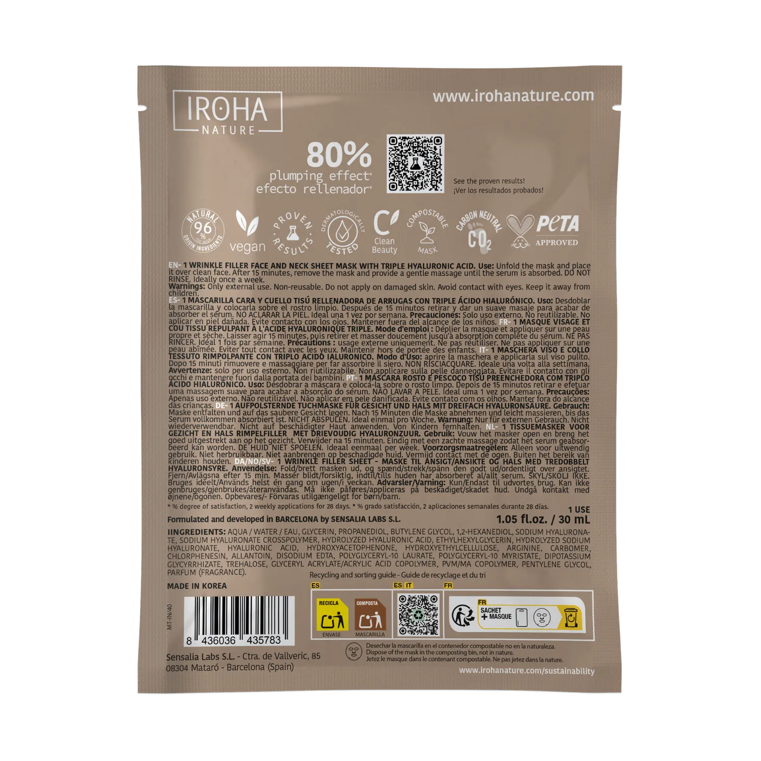 Irohanature Wrinkle Filler maschera antirughe ialuronico