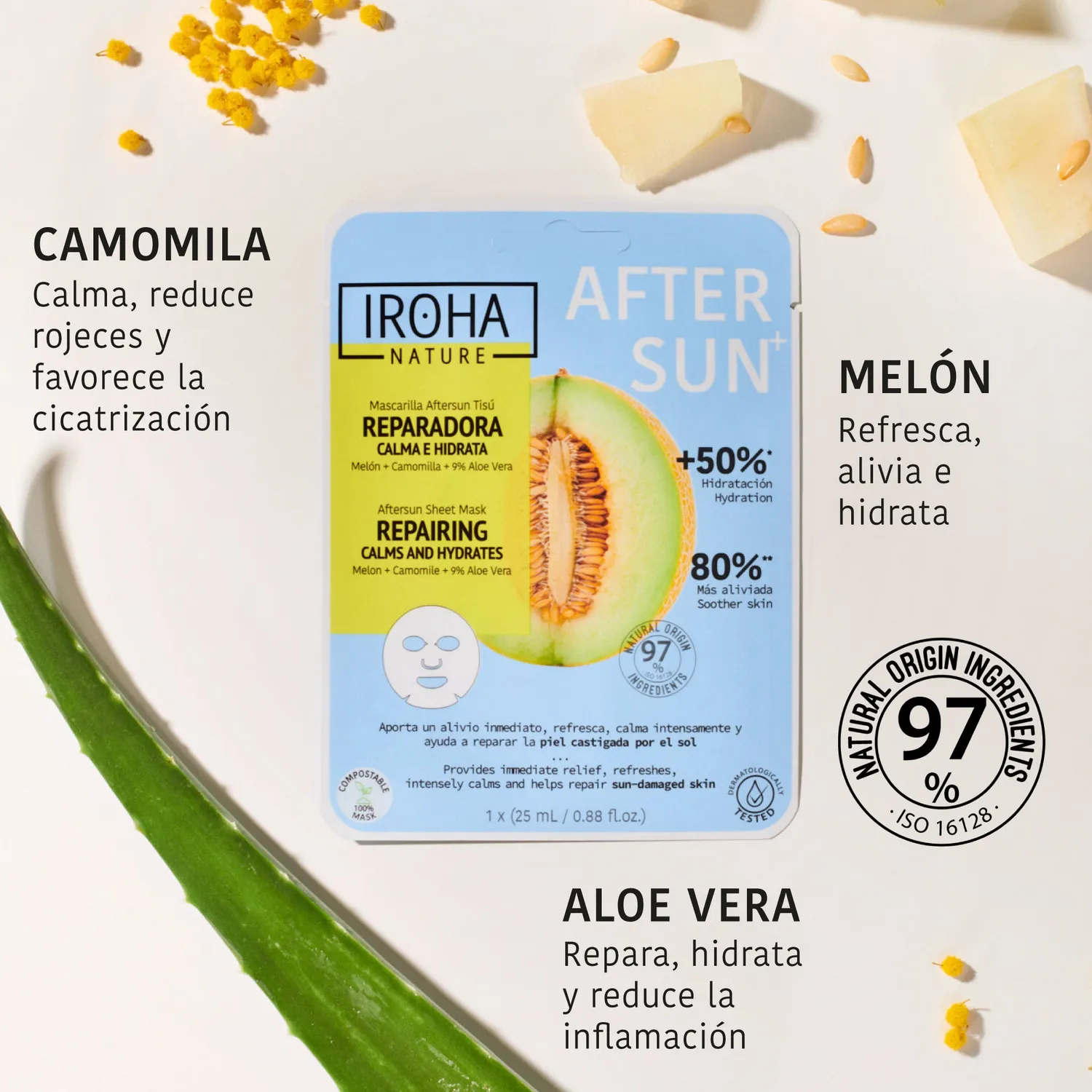 Irohanature Repairing Aftersun maschera viso lenitiva melone